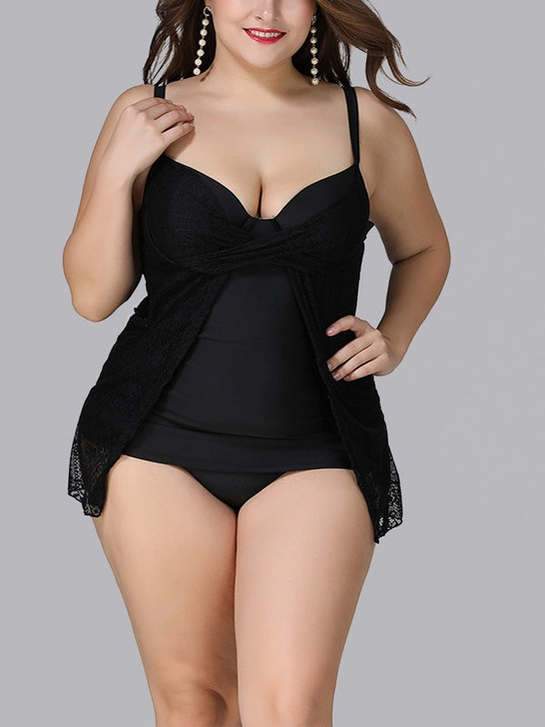 Seana Lace Cover Layer Black Slimming Tankini Top and Underwear Bottom One Piece Look Swimsuit