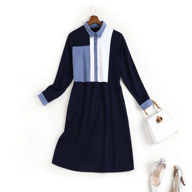 Kennette Plus Size Blue Colourblock Long Sleeve Shirt Dress