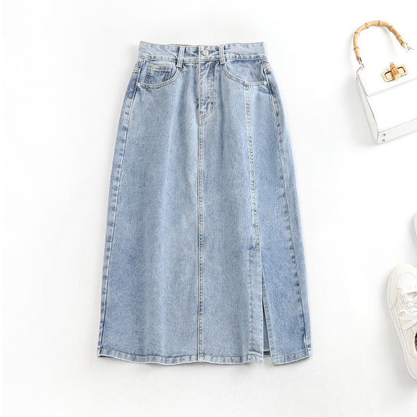 Plus Size High Waist Denim Midi Skirt