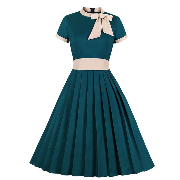 Via Plus Size Bow High Neck Swing A-Line Vintage Retro Short Sleeve Midi Dress (Red, Black, Green)