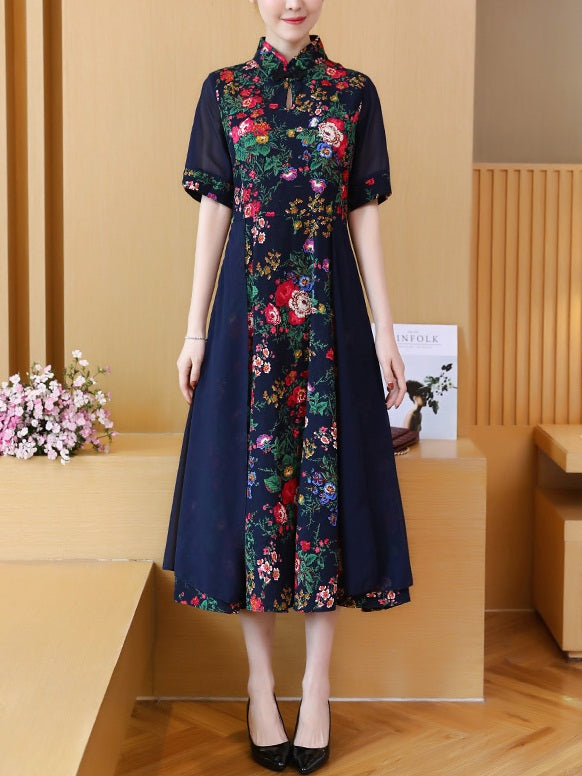 Tal Plus Size Cheongsam Qipao Cotton Linen Floral Print Mid Sleeve Midi Dress (Blue, Red)