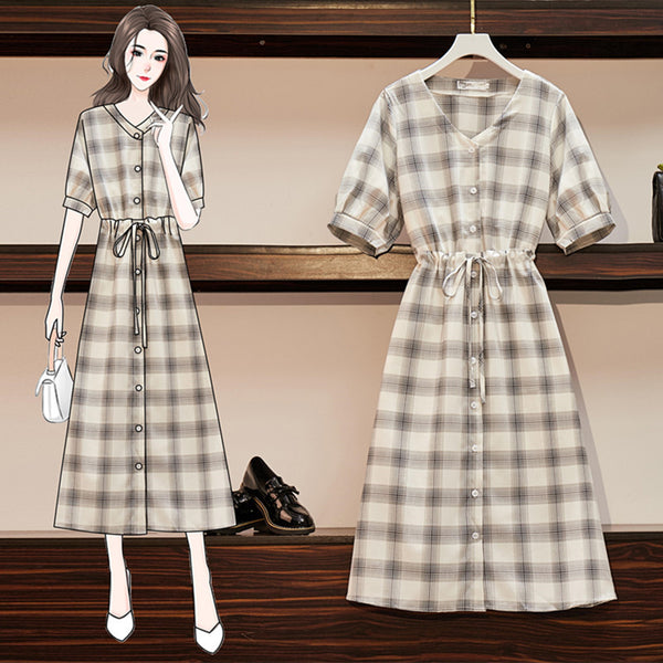Plus Size Checked Buttons V Neck Short Sleeve Midi Dress