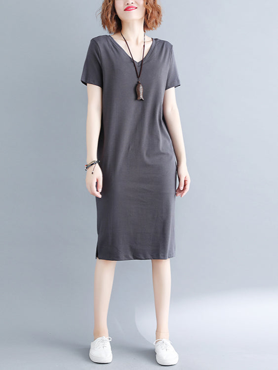 Ellen Basic Criss Cross Back Side Slit V Neck S/S Tee Shirt Dress (Grey, Black)