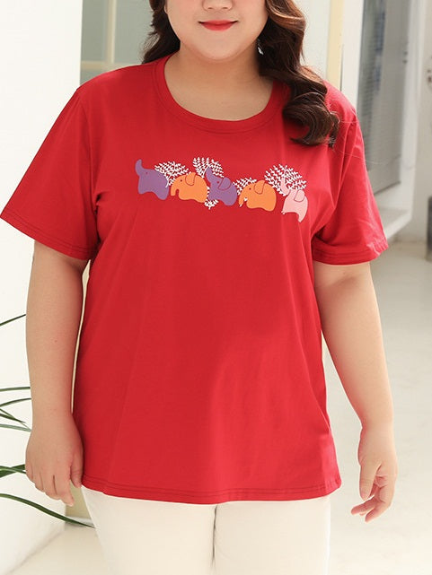 Vivviana Plus Size Elephants Graphic Short Sleeve T Shirt Top (Red, Orange, Black) (EXTRA BIG SIZE)