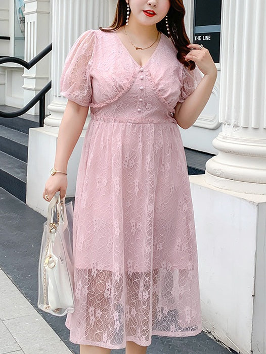 Polly Lace Bustier Buttons Midi Dress (Pink, Cream)