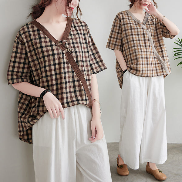 Plus size brown checked cheongsam blouse