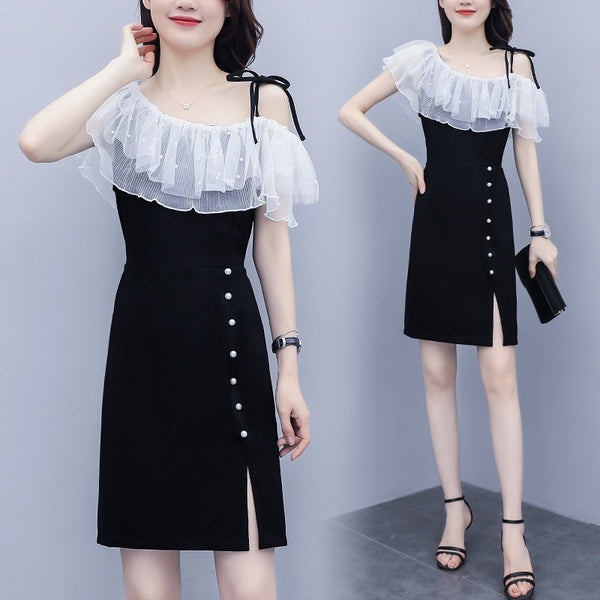 Plus Size Frills Button Off Shoulder Slit Short Sleeve Dress