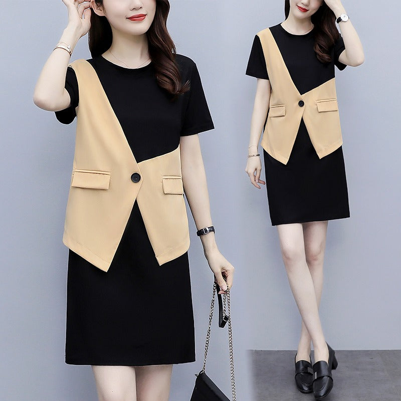 Plus Size Mock Vest 2 Piece Short Sleeve Dress