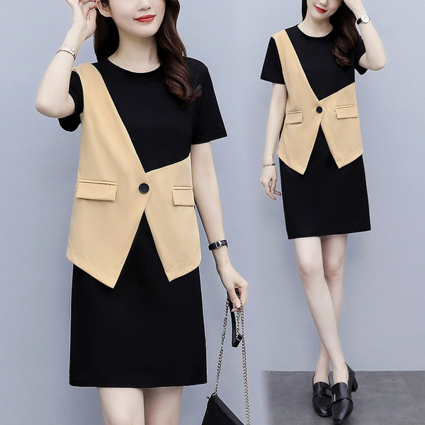 Plus Size Mock Vest 2 Piece Short Sleeve Dress