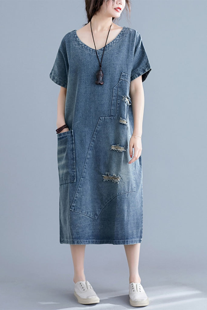 Plus size ripped denim loose midi dress  Pluspreorder
