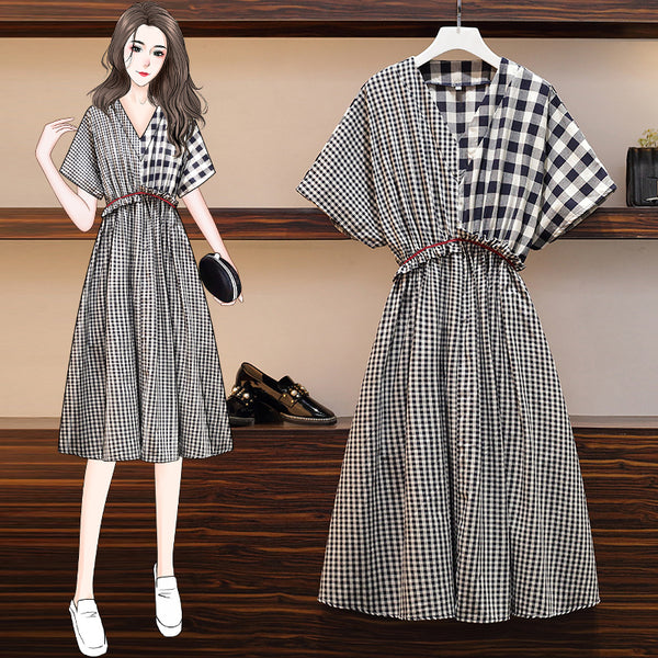 Plus Size Gingham Contrast Kimono Sleeve Short Sleeve Midi Dress
