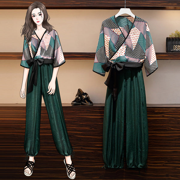 Plus Size Green Shapes Wrap V Neck Kimono Mid Sleeve Blouse And Pants Set