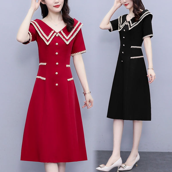 Plus Size Chanel-Esque Butttons Lace Trim Short Sleeve Dress