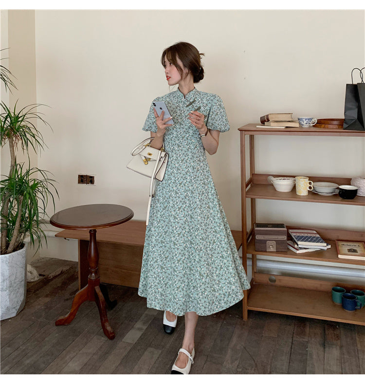 Plus size green ditsy a line cheongsam midi dress Pluspreorder Plus size green ditsy a line cheongsam midi dress Pluspreorder