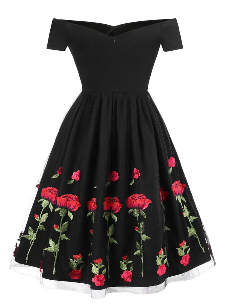 Black dress with rose sales embroidery