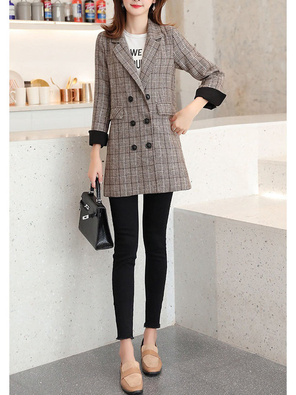 Suraya Plus Size Double Breast Tunic Long Blazer Jacket (Brown Plaid, Black)