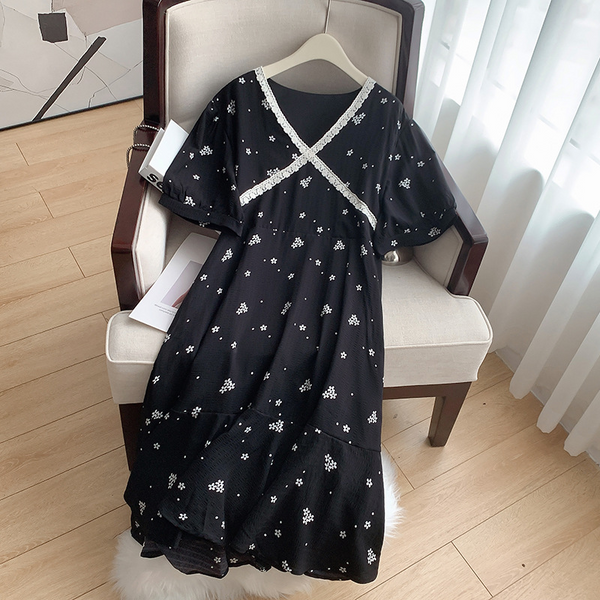 (2XL-6XL) Plus Size Black Korean Floral Dress (Extra Big Size)