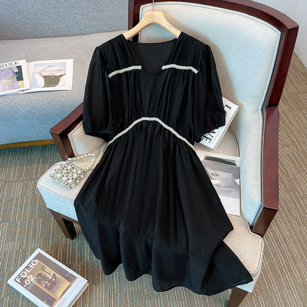 (2XL-6XL) Plus Size Black Pearl Short Sleeve Dress (Extra Big Size)