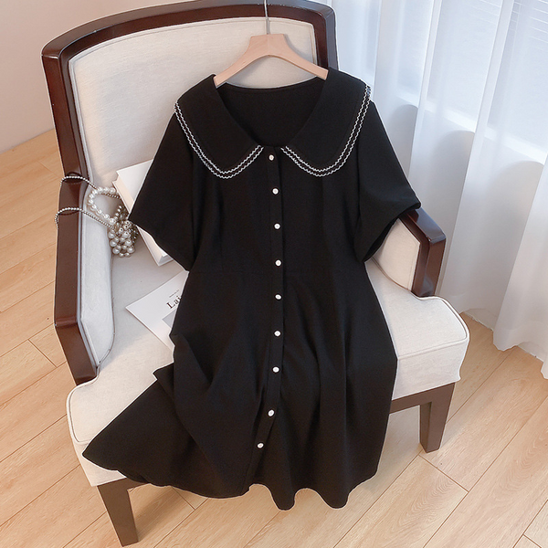 (2XL-6XL) Plus Size Chanelesque Pearl Buttons Collar Black Short Sleeve Dress (Extra Big Size)