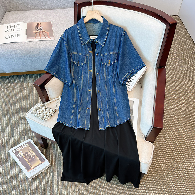 (2XL-6XL) Plus Size Denim Jacket And Black Tank Dress Set (Extra Big Size)