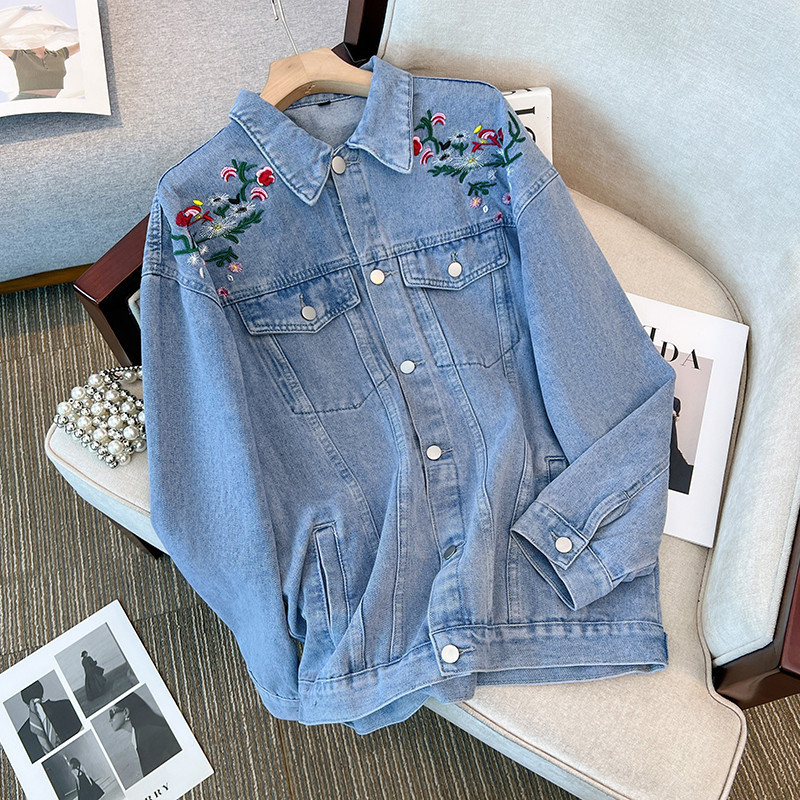 (2XL-6XL) Plus Size Floral Embroidered Denim Jacket (EXTRA BIG SIZE)