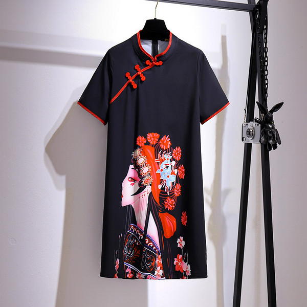 (2XL-6XL) Plus Size Geisha Modern Print Cheongsam Qipao Short Sleeve Dress (Extra Big Size)