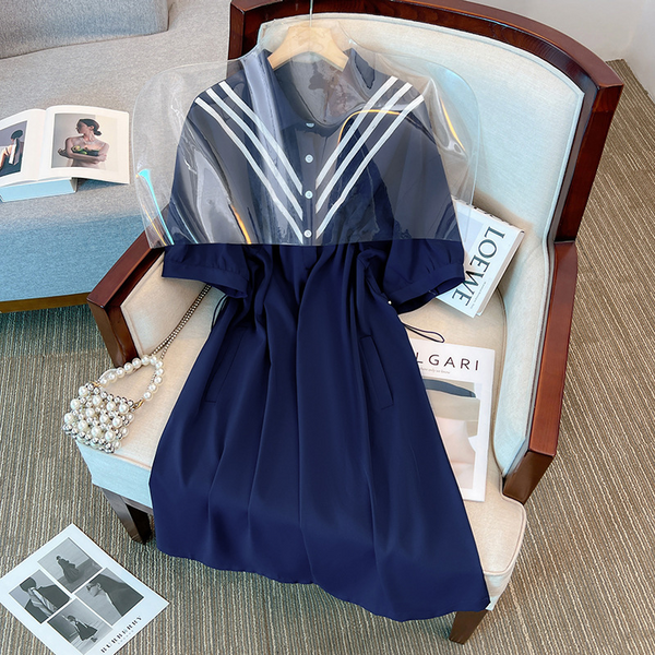 (2XL-6XL) Plus Size Korean Drawstring Navy Blue Short Sleeve Shirt Dress (Extra Big Size)