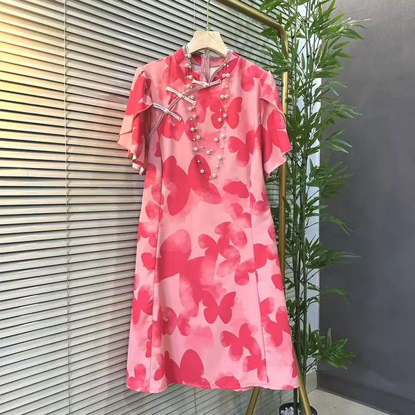 (2XL-6XL) Plus Size Pink Butterfly Qipao Dress