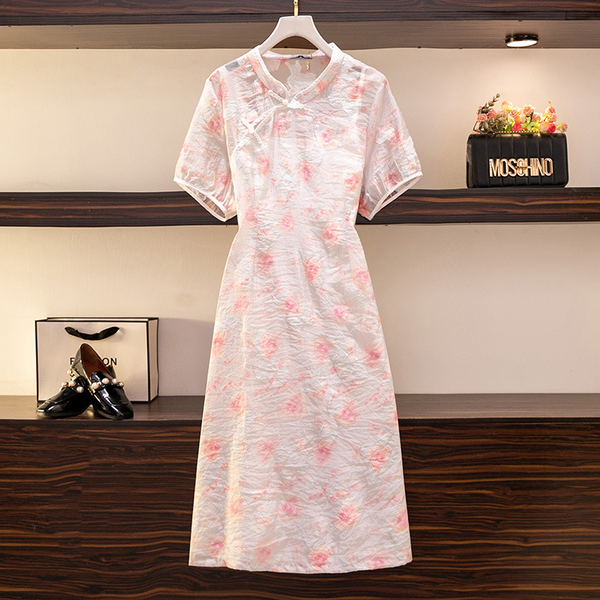 (2XL-6XL) Plus Size Pink Floral Cheongsam Qipao Dress (Extra Big Size)