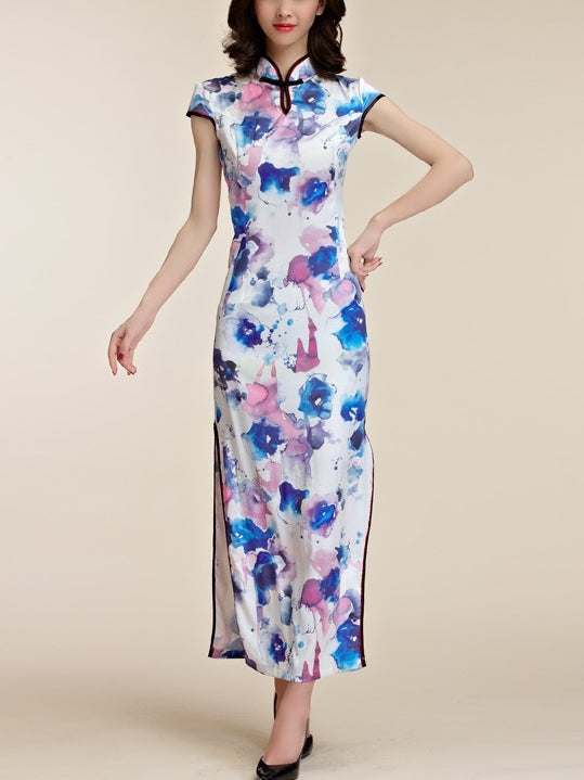 Watercolour Flora Long Plus Size Mother of The Bride Wedding Qipao Cheongsam S/S Maxi Dress Gown