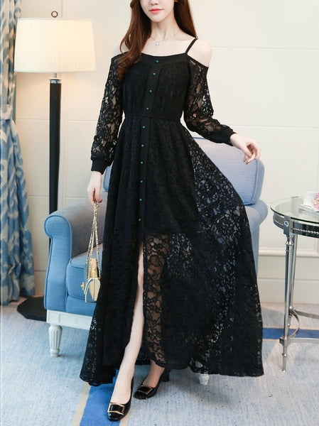 Karlan Off Shoulder Lace Plus Size Gown Occasion Evening Wedding Long Sleeve Maxi Dress
