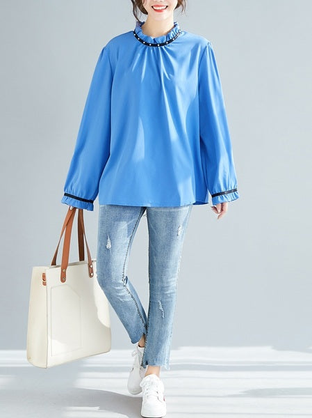 Ostara Pearl Frill High-neck L/S Blouse (EXTRA BIG SIZE)