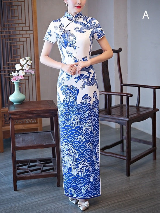 Meesa (Bust 83-110CM) Porcelain China Plus Size Cheongsam Qipao Mother of The Bride Gown Occasion Short Sleeve Maxi Dress Gown (5 Patterns - A to E)
