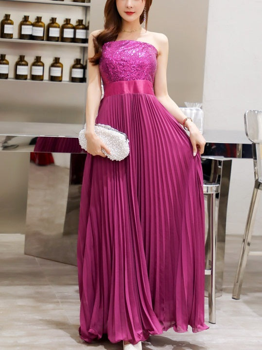 Najiba Pleat Plus Size Wedding Occasion Evening Mother of the Bride Sleeveless Maxi Dress Gown (Purple, Black)