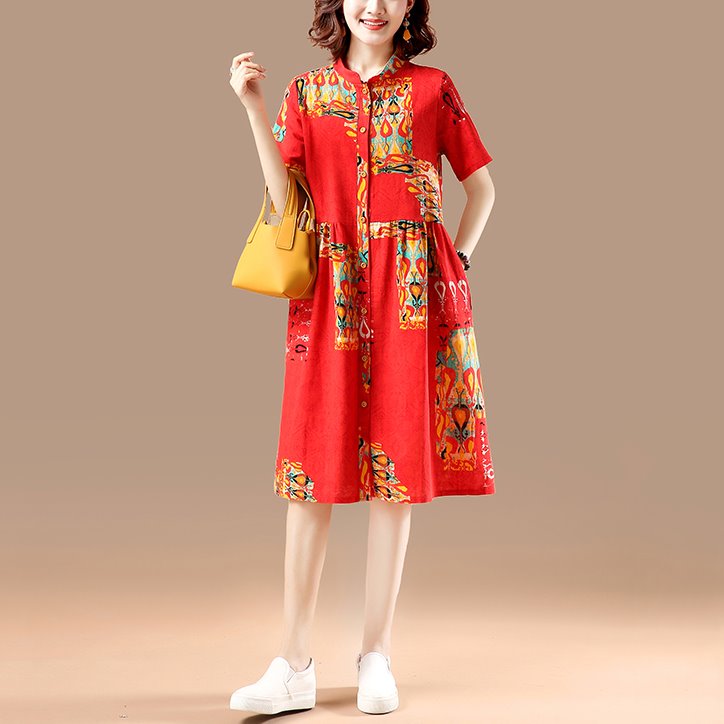 Plus Size Ethnic Mandarin Collar Pocket Short Sleeve Dress