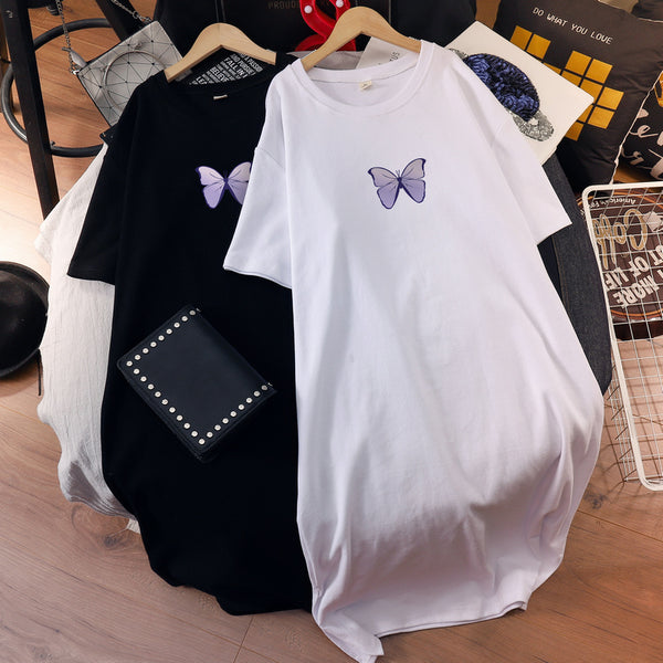 Leonarda Plus Size Purple Butterfly Cotton Short Sleeve Midi T Shirt Dress