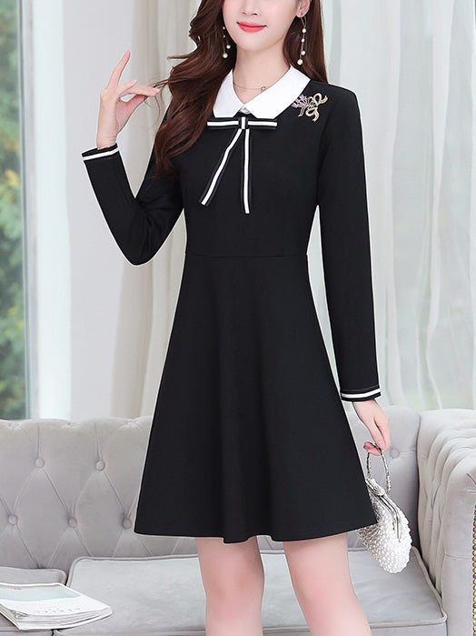 Yadira Plus Size Bow Embroidery Swing Black Long Sleeve Shirt Dress