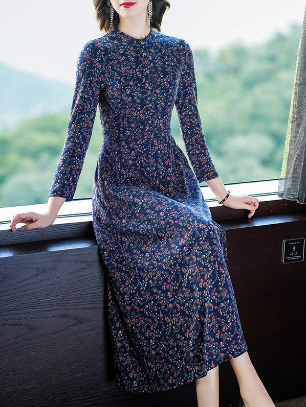 Sunni Plus Size Work Dress Floral Print Mandarin Collar With Pockets Mid Sleeve Midi Dress (Red, Blue)