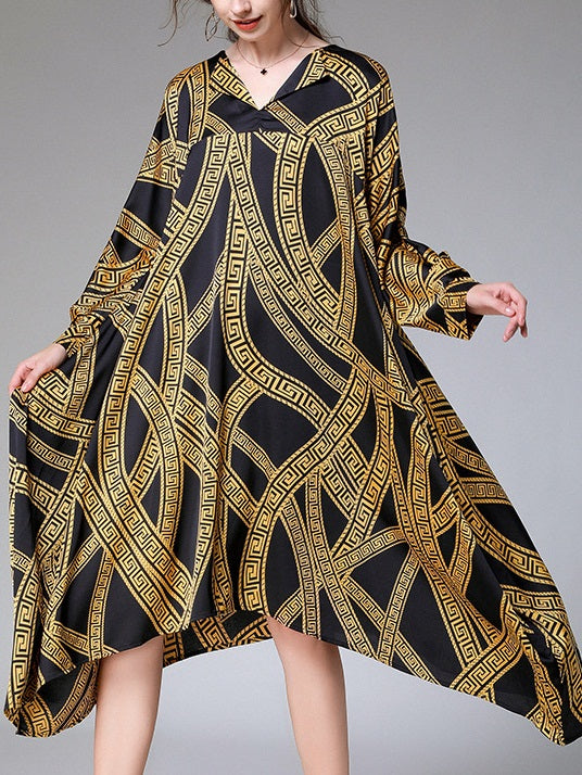 Wisteria Plus Size Print Longer Side V Neck Long Sleeve Dress (Gold, White)