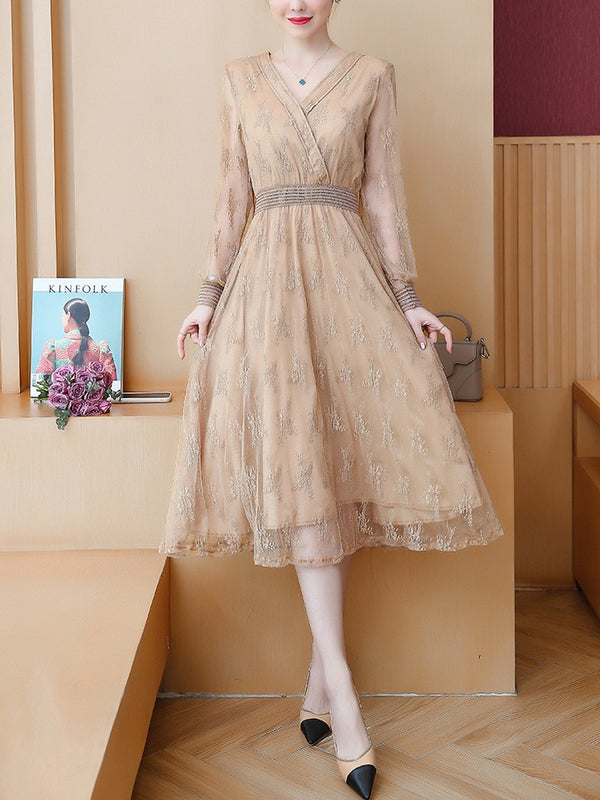 Lakshmi Plus Size Occasion Beige Lace Wrap Long Sleeve Midi Dress