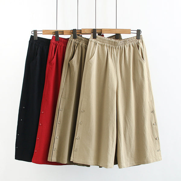 Ysolde Plus Size Buttons Wide Leg Culottes Capri Pants (Red, Khaki, Brown, Black)