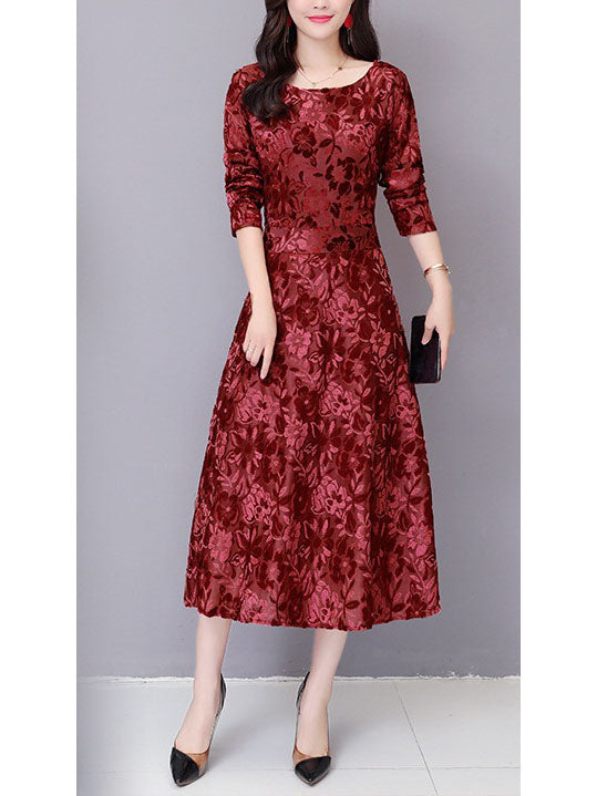 Shandi Velvet Floral Print L/S Midi Dress (Black, Red, Pink)