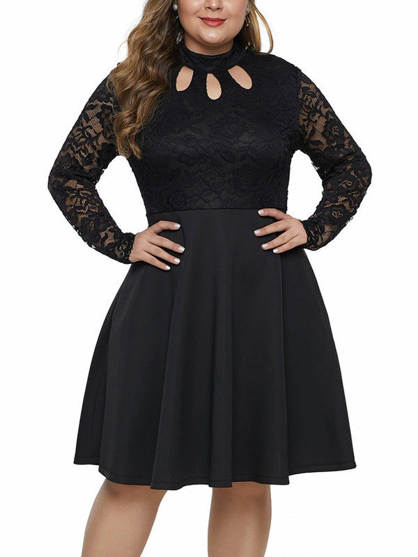 Sophonisba Plus Size Dinner Occasion Formal Wedding Dress High Neck Lace Swing With Pockets With Sleeve Black Lace Long Sleeve Dress (EXTRA BIG SIZE)