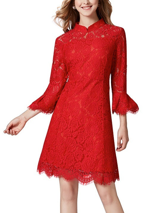 Maegen Bell Sleeve Red Plus Size Qipao Cheongsam Occasion Evening Mid Sleeve Dress