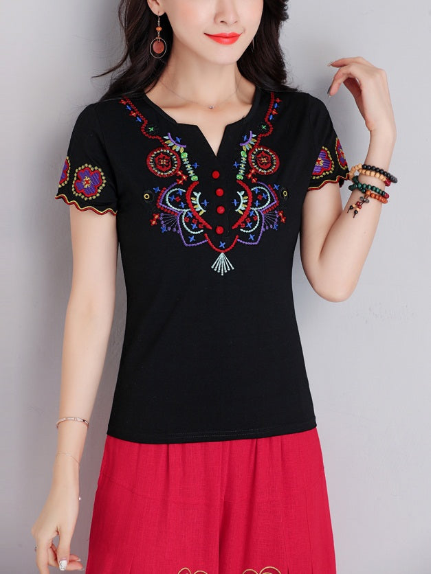 Tina Plus Size Ethnic Embroidery V Neck Short Sleeve Top (Red, Black, White) (Suitable For Chinese New Year)