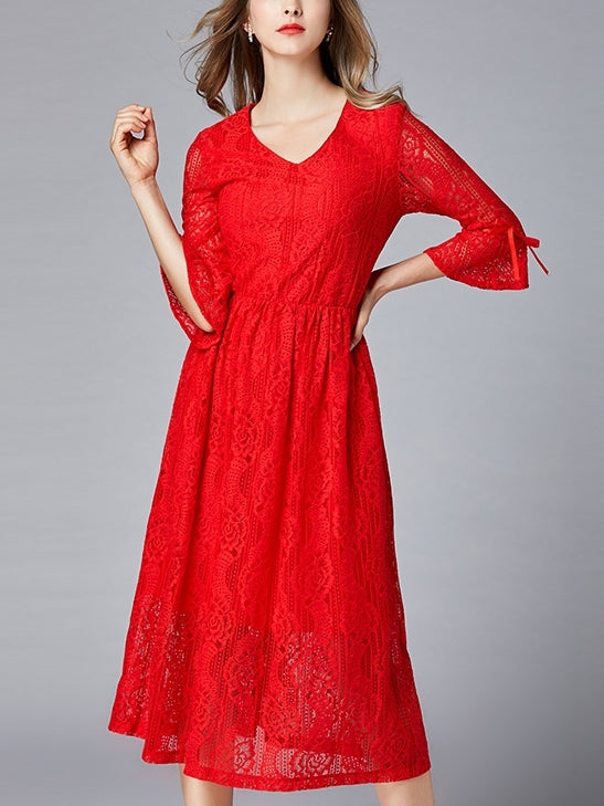 Red Lace Plus Size Evening Occasion Wedding Midi Dress