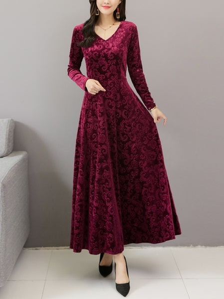 Velvet Plus Size Occasion Evening Wedding Gown Long Sleeve Maxi Dress