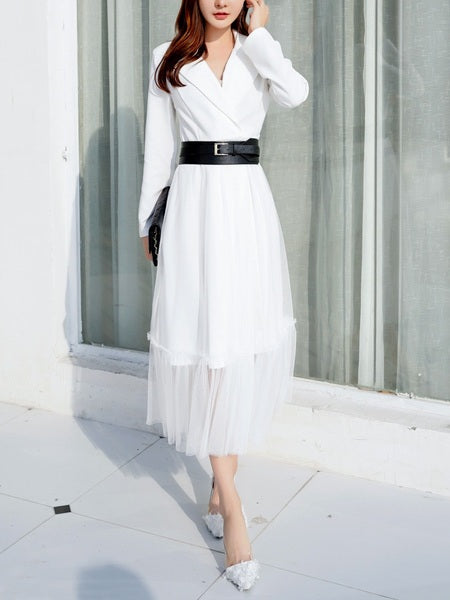 white tuxedo midi dress Najila Tuxedo Tulle Midi Dress (With Belt) – Pluspreorder