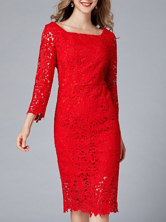 Michell Red Square Neck Crochet Lace Plus Size Formal Wedding Occasion Cocktail Evening Dress
