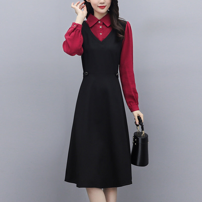 Plus Size Red Sleeve Work Long Sleeve Shirt Dress